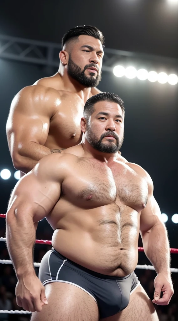 Middle aged，solo person，male people，Muscular wrestler，musculous，Stout wrestler，Asian people，uncle，60岁的Middle aged，short hair，short detailed hair，Wrestling bootull body like，Panorama Figures，WWE Ring，WWE American professional wrestling，spotlight lights，shadowing，Vision，Briefatness，age 55，Short beard,Middle aged，Tattooed with，Fingerless gloves，Wheat-colored skin，Oily skin，dark-skin，Show your pectoral muscles，Sumo wrestler，body builder，Wide sideburns，Pronounced abs，ssmile，Kouzihu，Gray hair，（Full body like：3），Fine hands，solid color backdrop，Plain white background