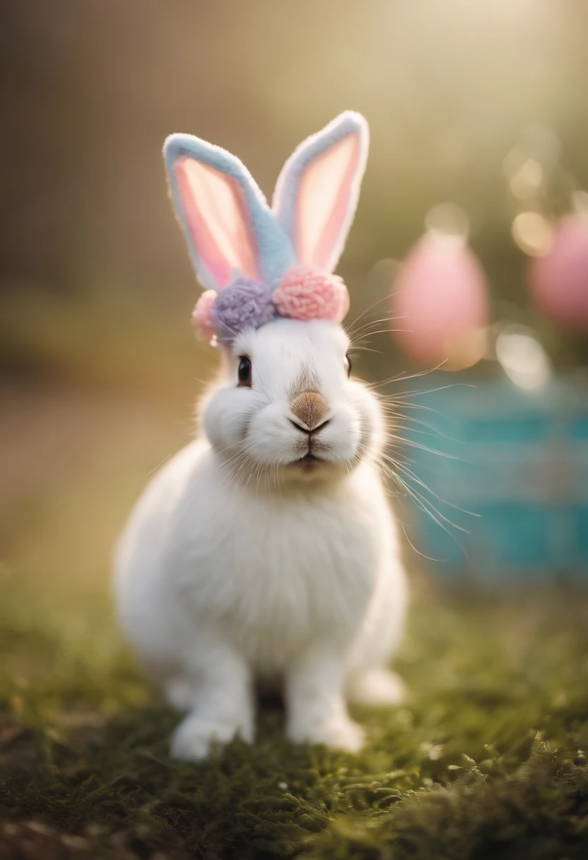a whimsical shot of a bunny wearing a tiny Easter hat or bowtie, with a bokeh background of pastel colors, creating a festive and charming atmosphere