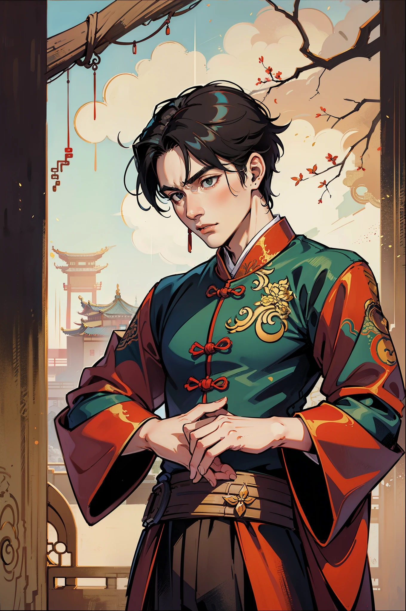 Ancient Chinese style  A 20-year-old boy  Black hair  Fancy clothes  Surprised look  Palaces in ancient China Front view --auto --s2
