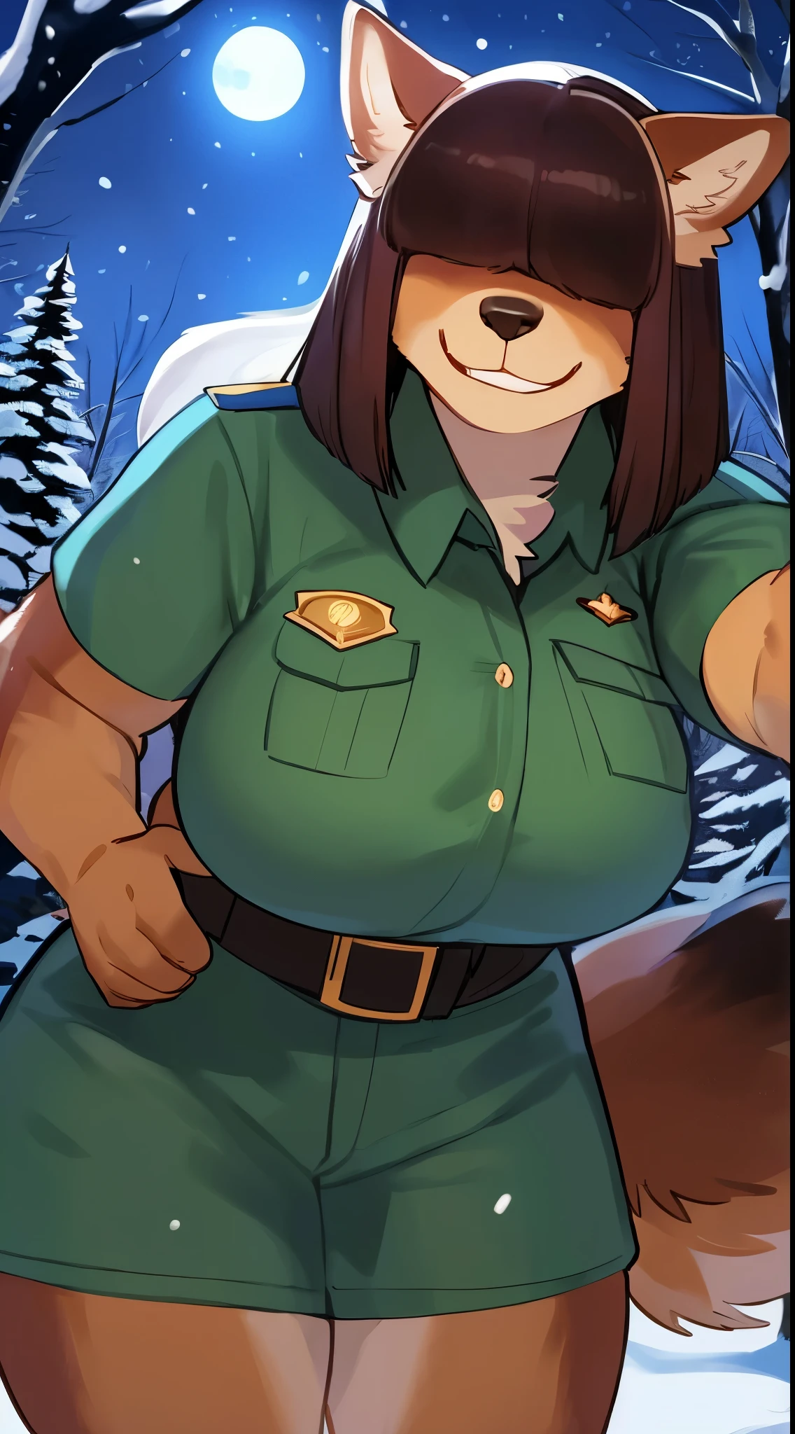 By bebebebebe, by lostgoose, by goonie-san, female, ((canine, snout, hair covering eyes, straight hair, medium hair, flat hair, ears, thin snout)), brown fur, big poofy tail, raised tail, dark maroon hair, (muscular, big breasts), solo, standing, (tan and green park ranger uniform, tan uniform), snow, snowing, night time, moon, forest, smiling, happy, reaching towards viewer