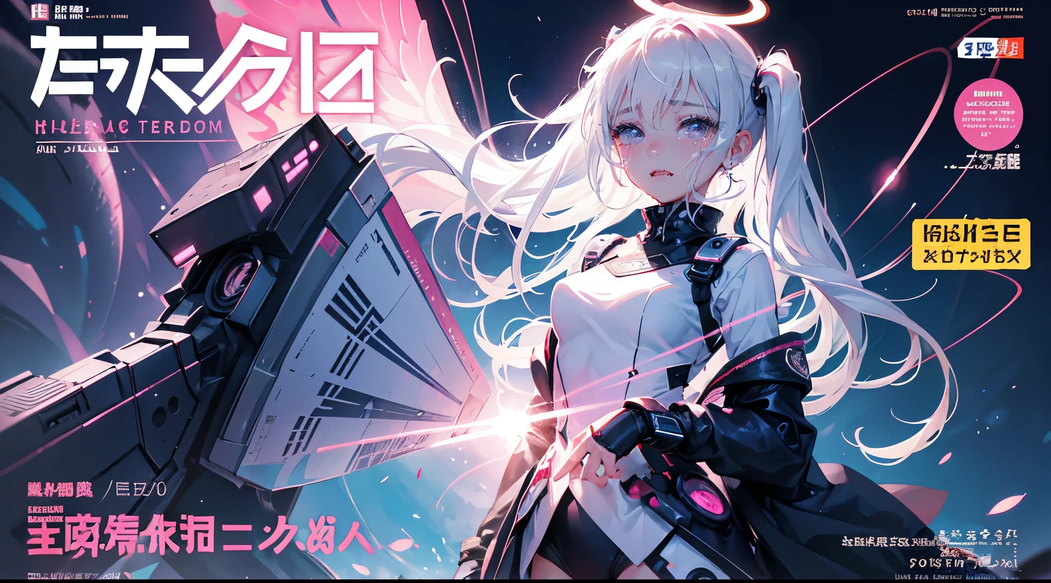 hair bobbles, wince, long eyelashes, solid circle eyes, light smile, ear blush, fang, (white hair), makeup, blush, sad, sad smile, drop shadow, anaglyph, atmospheric perspective, 8k, super detail, accurate, best quality, (cyberpunk), cinematic lighting, masterpiece,1girll, short twintails, Colorful hair, flying, pink bows,((16-year-old female model)),( Stand Neck long sleeve black jacket), mecha, ((dress)), (aquarium), (angel halo), ( wings), (magazine cover), the background is sunrise with planets and shooting stars, aurora, beautiful sky, space view, (wide shot), ((((text)))), (cover), bold, attention-grabbing, ((title)), stylish, (((font))), panorama, eye level shot, tile from below, title from side, title in middle, ((((magazine cover layout)))), (((princess costume))), she is holding a shinning star