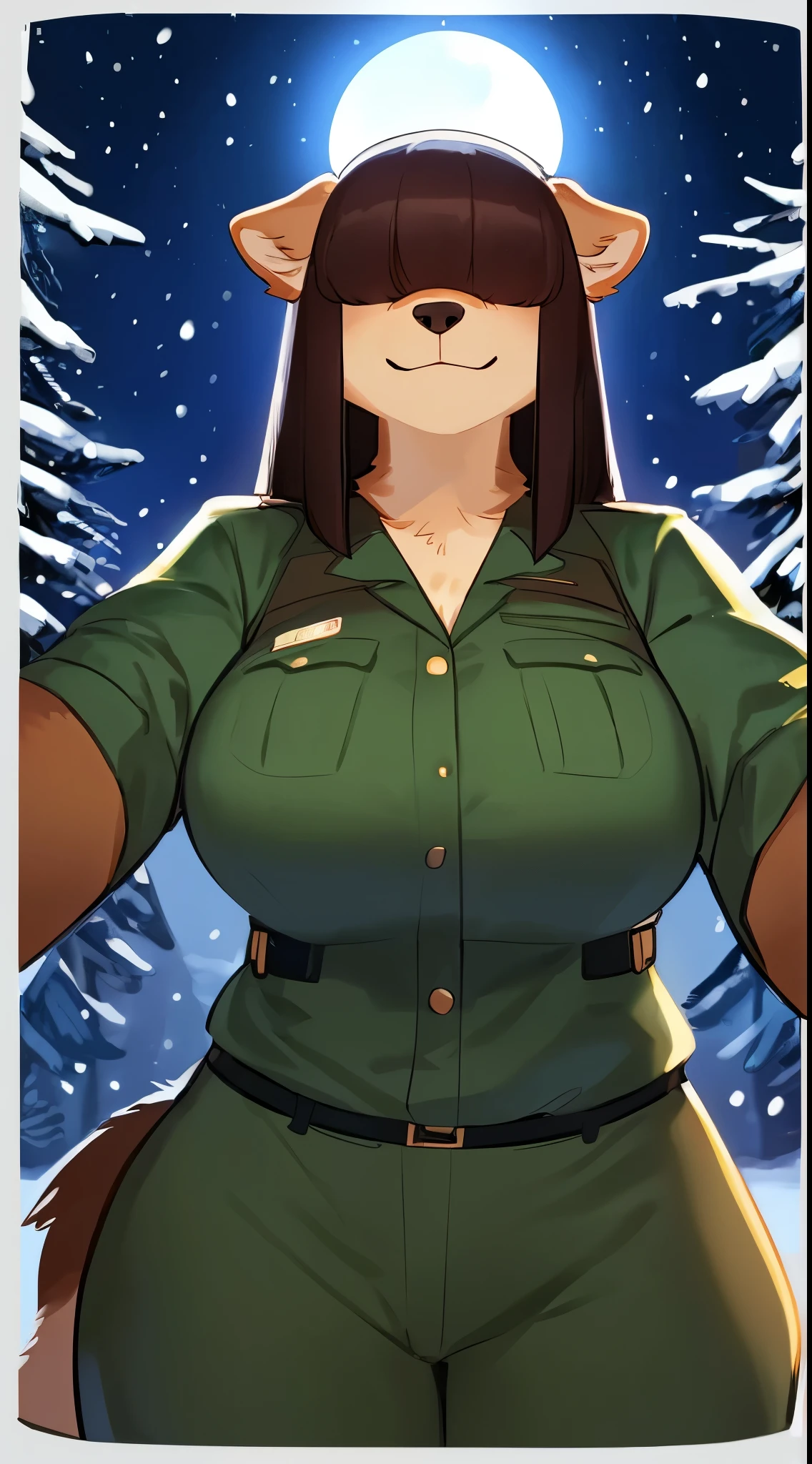 By bebebebebe, by lostgoose, by goonie-san, female, ((canine, snout, hair covering eyes, straight hair, medium hair, flat hair, ears, thin snout)), brown fur, big poofy tail, raised tail, dark maroon hair, (muscular, big breasts), solo, standing, (tan and green park ranger uniform, tan uniform), snow, snowing, night time, moon, forest, smiling, happy, reaching towards viewer