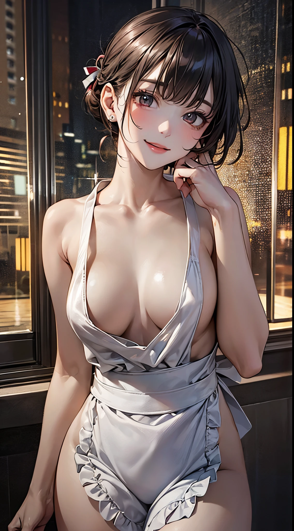 ((perfect anatomy, anatomically correct, super detailed skin)), 1 girl, japanese, , (detailed ultra-oily shiny skin:1.1), watching the view, (smile:1.2),
beautiful hair, beautiful face, beautiful detailed eyes, (short hair:1.4, half updo:1.5), blunt bangs, babyface,
beautiful clavicle, beautiful body, beautiful breasts, (large breasts:0.8), beautiful thigh, beautiful legs,
(((naked:1.3), apron)),
(beautiful scenery), inside kitchen, walking, standing,
(8k, top-quality, masterpiece:1.2, extremely detailed), (photorealistic), beautiful art, visual art, depth of fields, cinematic lighting, ,