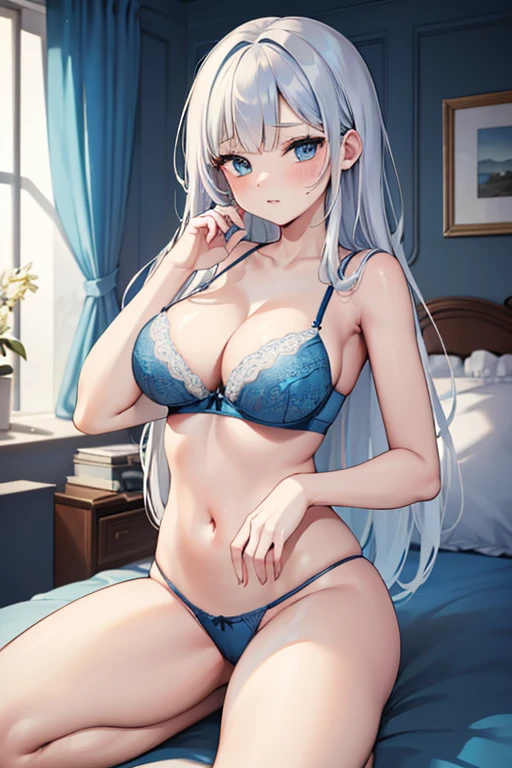 ((Best Quality)), ((Masterpiece)), (detailed), white hair, blue eyes,, (((blue color bra))), (((blue color underwear))), (((blue color lingerie))), sexy, large breast, bed