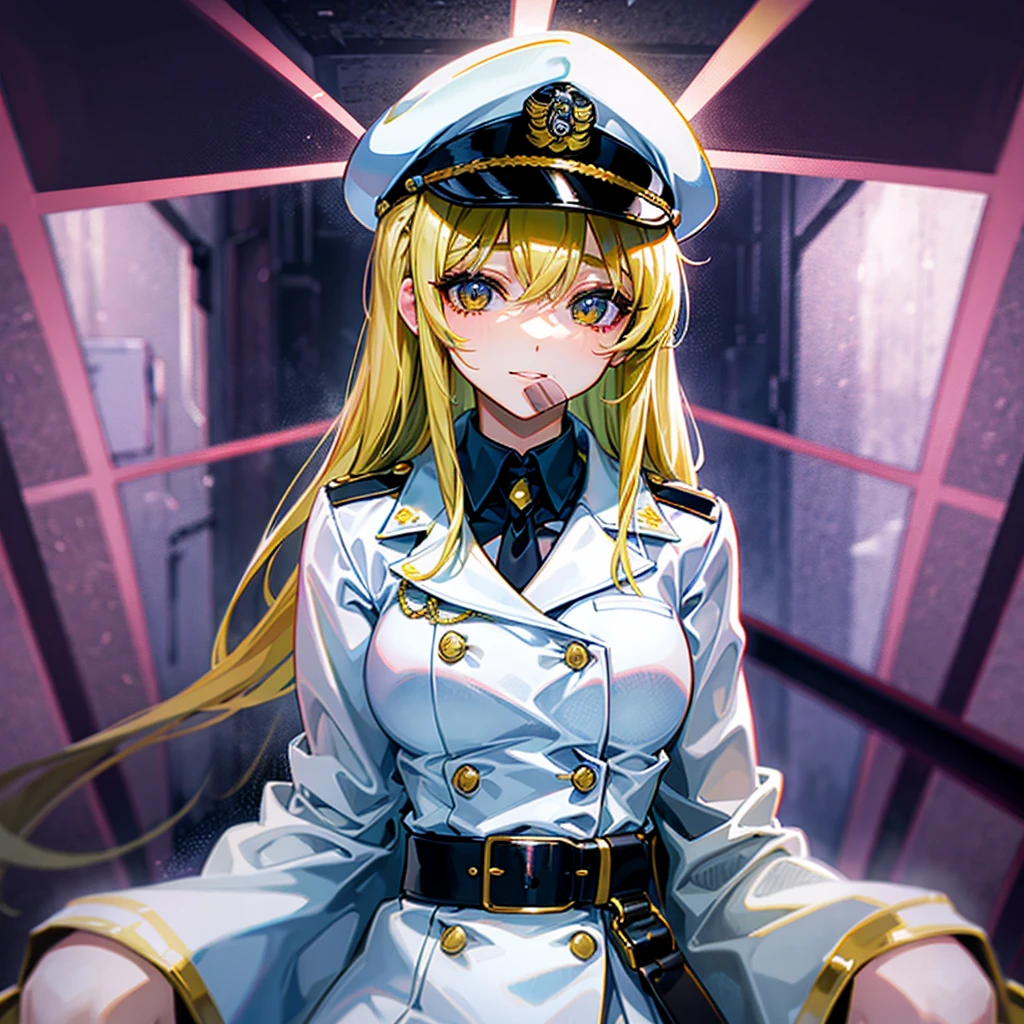 (((masterpiece)))、(((Top image quality)))、(((top-quality)))、(((highly detailed unity 8kwall-paper)))、(Illustration of one woman)、full bodyesbian、30-years old、(((neuter)))、((Blonde twintails))、Light golden eyes、((Tall))、(((Muscular and strong body)))、(((Split abs)))、(((muscular and thick arms)))、(((muscular and thick legs)))、(((manspreading)))、((Military uniforms))、((Military Cap))、((Military coat))、(white clothes)、(White pants)、(White cap)、trench coat、((Inside the spaceship、Sitting in the captain's seat))
