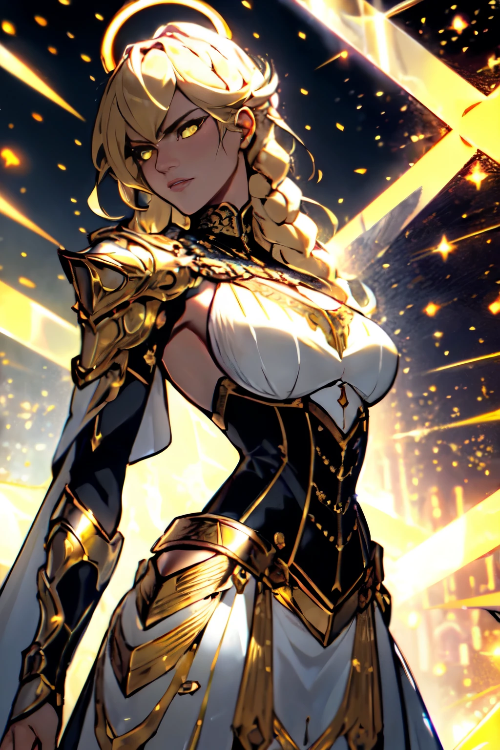 cowboy shot of paladin lady, ornate golden armor, white breastplate, black corset, golden ornate pauldrons, blonde hair, braid, torn red cape, glowing yellow eyes, glowing halo, angry, night, rain, golden holy aura glow, particles,
