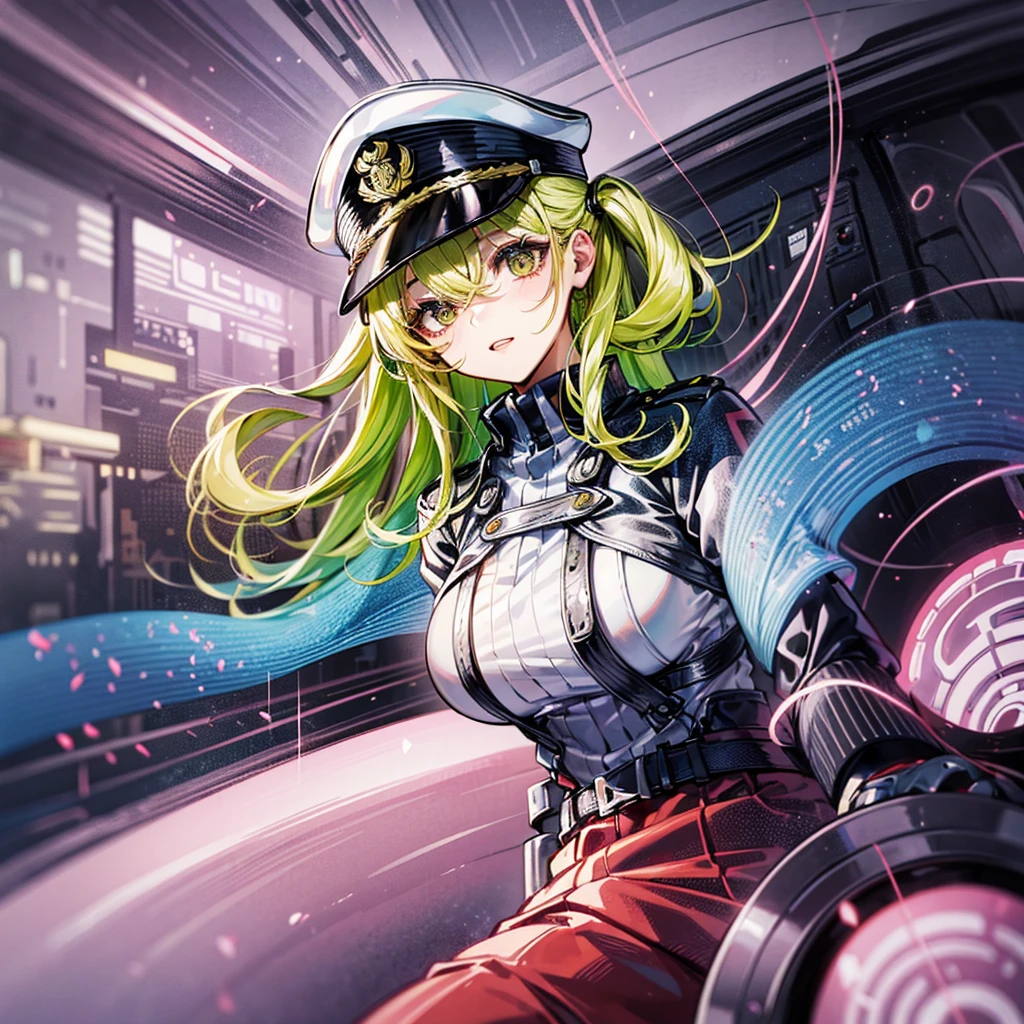 (((masterpiece)))、(((Top image quality)))、(((top-quality)))、(((highly detailed unity 8kwall-paper)))、(Illustration of one woman)、full bodyesbian、30-years old、(((neuter)))、((Blonde twintails))、Light golden eyes、((Tall))、(((Muscular and strong body)))、(((Split abs)))、(((muscular and thick arms)))、(((muscular and thick legs)))、(((manspreading)))、((Military uniforms))、((Military Cap))、((Military coat))、(white clothes)、(White pants)、(White cap)、trench coat、((Inside the spaceship、Sitting in the captain's seat))