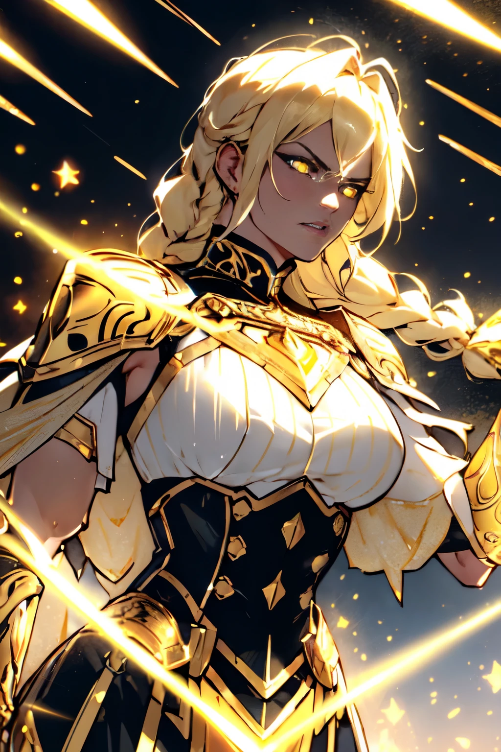cowboy shot of paladin lady, ornate golden armor, white breastplate, black corset, golden ornate pauldrons, blonde hair, braid, torn red cape, glowing yellow eyes, glowing halo, angry, night, rain, golden holy aura glow, particles,