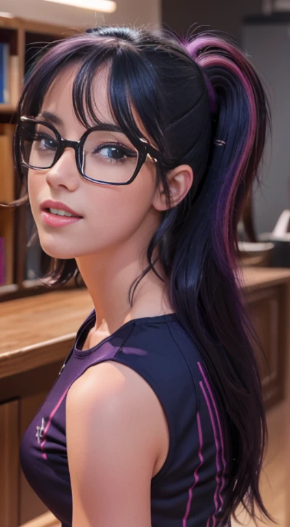 (Obra maestra, La mejor calidad, fotorrealista, Altas Resoluciones, Cinematographer, :1.3), foco nítido, 1 chica hermosa , Chica Americana , 16 year old , Modelo hermosa, diafragma, Ojos color morado y pupilas altamente detallados, Piel realista, Forma delgada del cuerpo, escote, cabello extremadamente detallado, They are smiling, sexy, fondo variado , ((realista, super-realistic, realismo, Detalles realistas)) Twilight Sparkle , mlp , gafas de lectura , lindo maquillaje ,labios rojos , cabello largo morado con mechas rosas y lilas, pony tail , cuerpo completo , cuerpo sexy , posando en biblioteca , viste camisa azul con lineas moradas , minifalda purpura con imagen de estrella , calcetas blancas , mocacines negros , hermosa sonrisa , pose con piernas abiertas