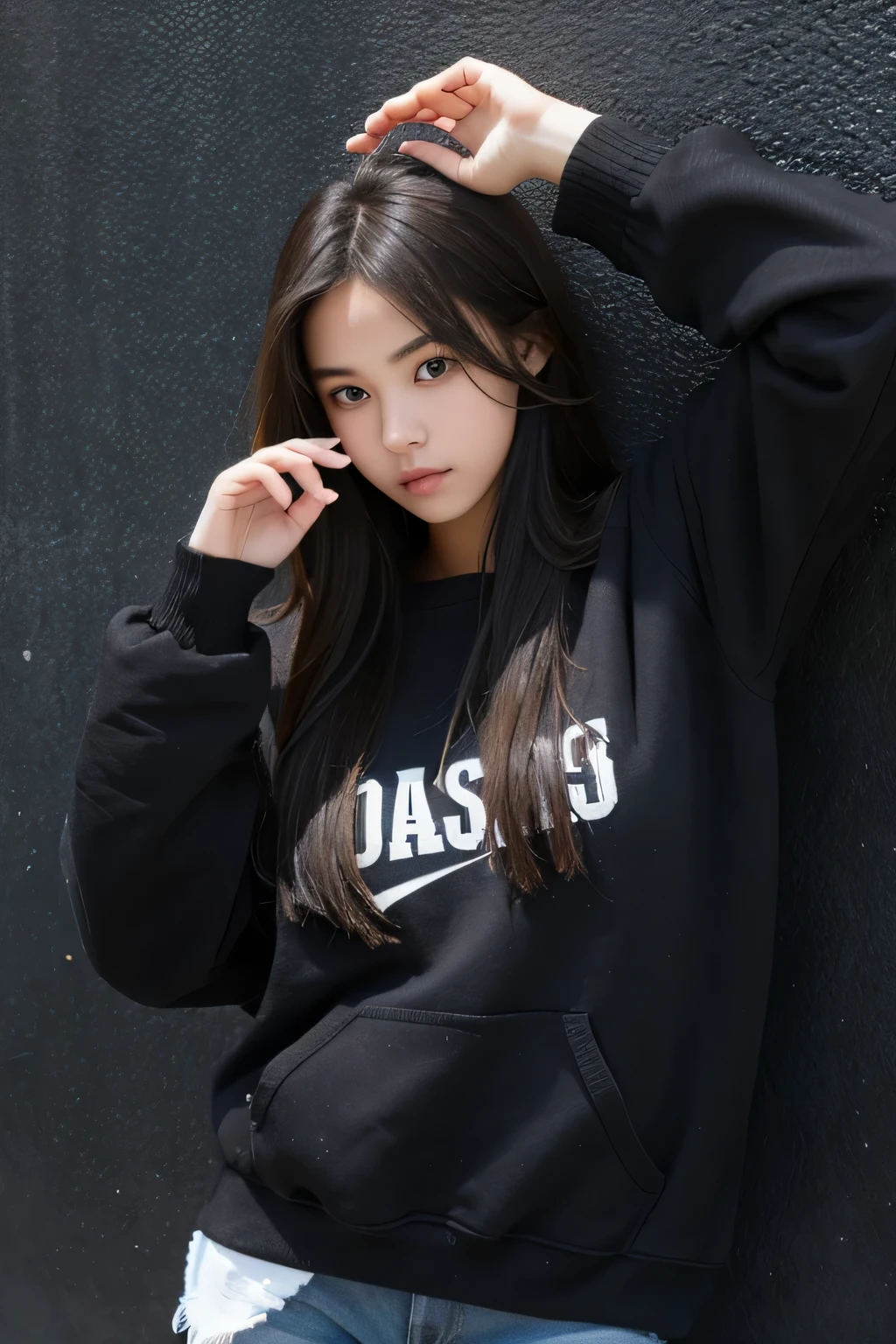 innocent female student in high school，Black sweatshirt，In the left sweater pocket，Raise your right hand to cover your face，against a wall，HD picture，actual，Oh really