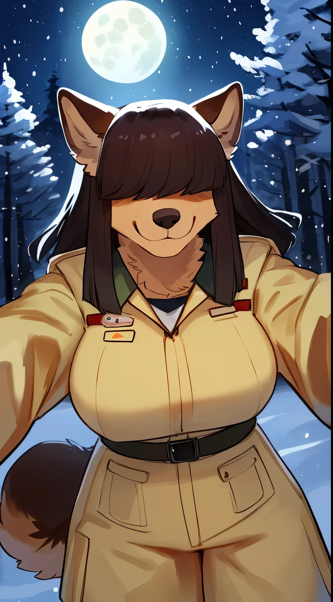 By bebebebebe, by lostgoose, by goonie-san, female, ((canine, snout, hair covering eyes, straight hair, medium hair, flat hair, ears, thin snout)), brown fur, big poofy tail, raised tail, dark maroon hair, (muscular, big breasts), solo, standing, (tan and green park ranger uniform, tan uniform), snow, snowing, night time, moon, forest, smiling, happy, reaching towards viewer