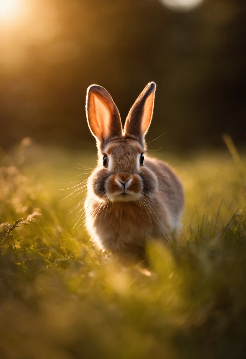 a candid shot of a bunny hopping in a grassy field, with the sunlight casting a warm glow on its fur, capturing the natural beauty and liveliness of these creatures
