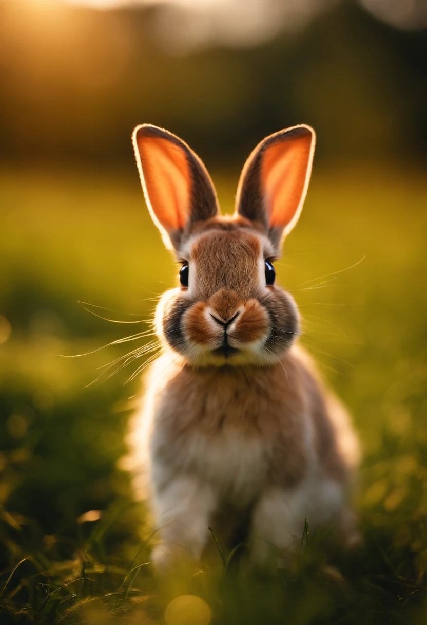 a candid shot of a bunny hopping in a grassy field, with the sunlight casting a warm glow on its fur, capturing the natural beauty and liveliness of these creatures