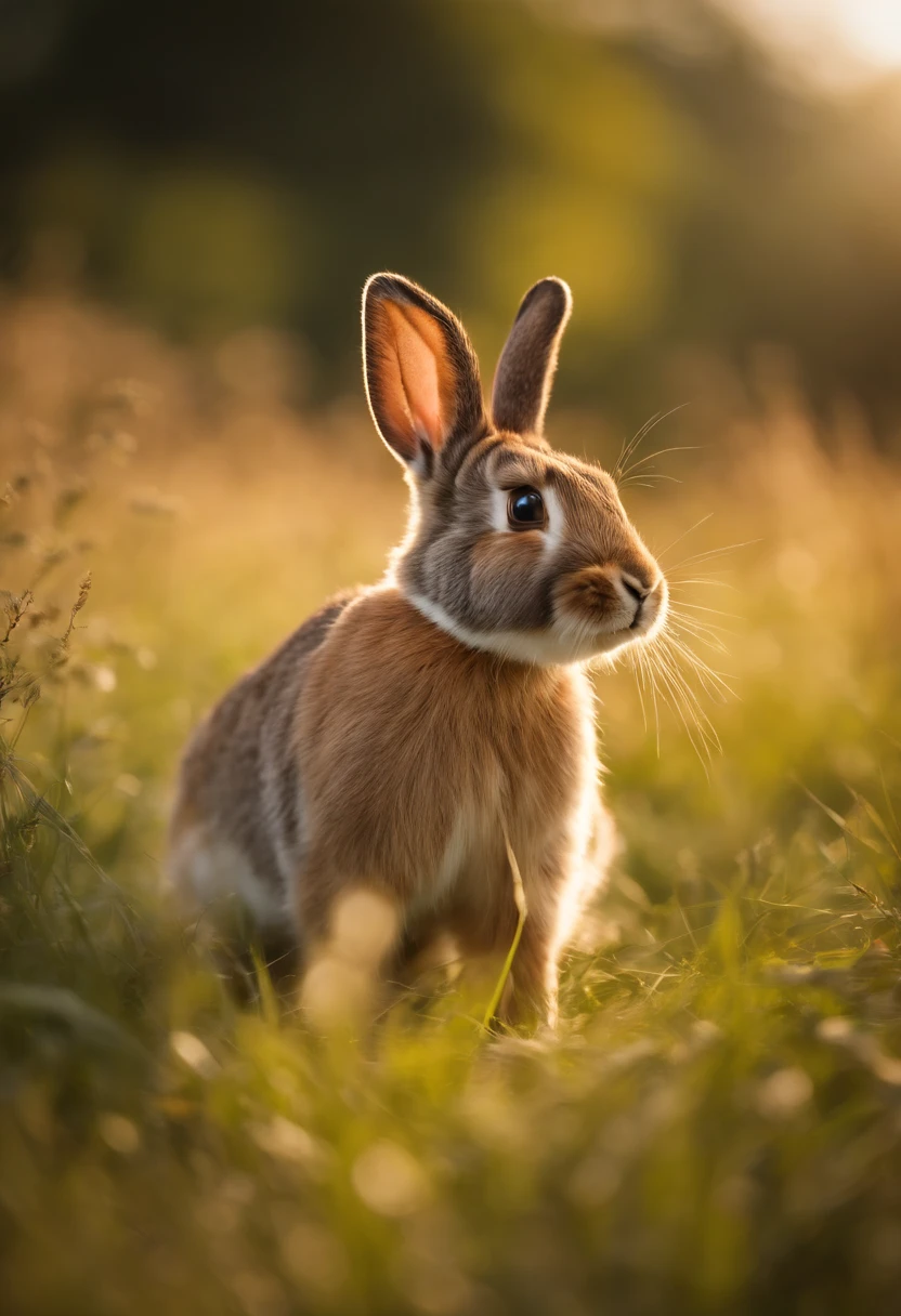 a candid shot of a bunny hopping in a grassy field, with the sunlight casting a warm glow on its fur, capturing the natural beauty and liveliness of these creatures