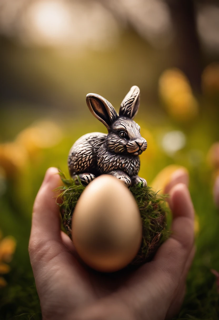 a macro shot of a bunny’s paw holding a miniature Easter egg, with intricate details on the paw and the egg, representing the delicate and enchanting nature of Easter