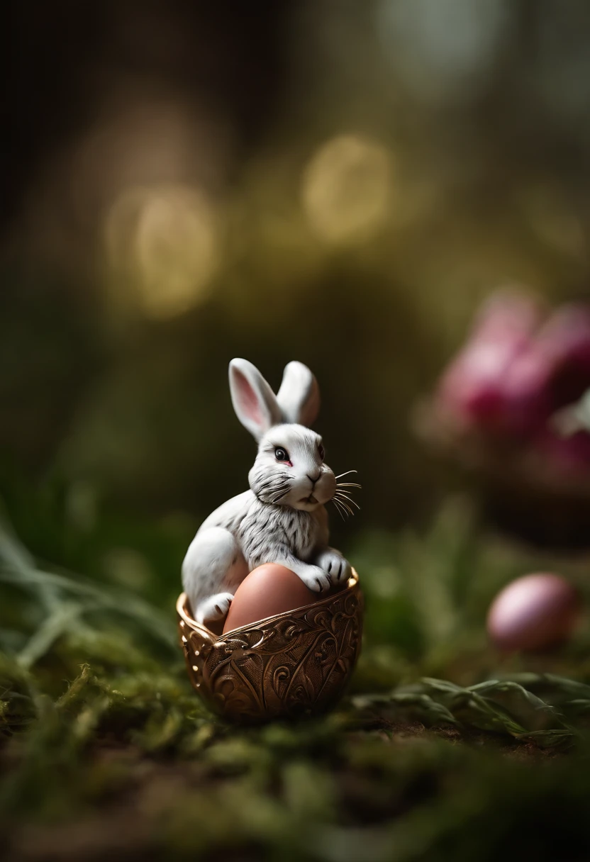 a macro shot of a bunny’s paw holding a miniature Easter egg, with intricate details on the paw and the egg, representing the delicate and enchanting nature of Easter