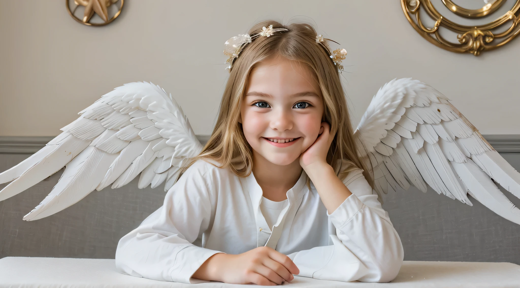 there is a smiling blonde child  com asas de anjo sitting at a table, of a beautiful meninajo, anjo bonito, of anjo bonito, menina do anautiful menina do anjo por Portrait of a anjo bonito, menina com asas de anjo,anjo, angel themed, anjo feminino bonito, angelic, angelic light, winged menina do anjo, angelic puritylic