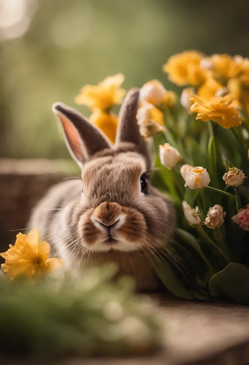 a playful shot of a bunny peeking out from behind a bouquet of spring flowers, with its cute nose and whiskers adding a touch of whimsy to the composition