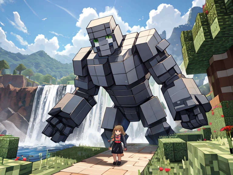 Large iron golem from minecraft and a little girl, against the backdrop of mountains and a waterfall