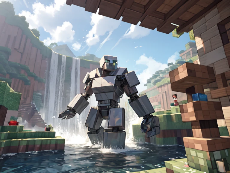 Large iron golem from minecraft and a girl, against the backdrop of mountains and a waterfall