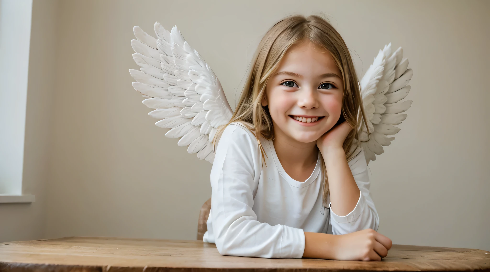 there is a smiling blonde child menina com asas de anjo sitting at a table, of a beautiful menina do anjo, anjo bonito, of anjo bonito, menina do anjo, beautiful menina do anjo portrait, Portrait of a anjo bonito, menina com asas de anjo, tema anjo, angel themed, anjo feminino bonito, angelic, angelic light, winged menina do anjo, angelic purity, angelic