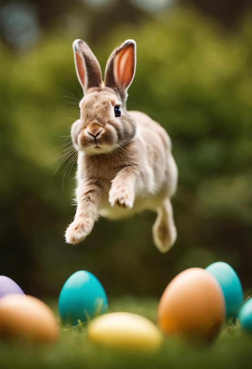 a dynamic shot of a bunny hopping over a row of Easter eggs, capturing its agility and grace in mid-air, with a blurred background adding a sense of movement