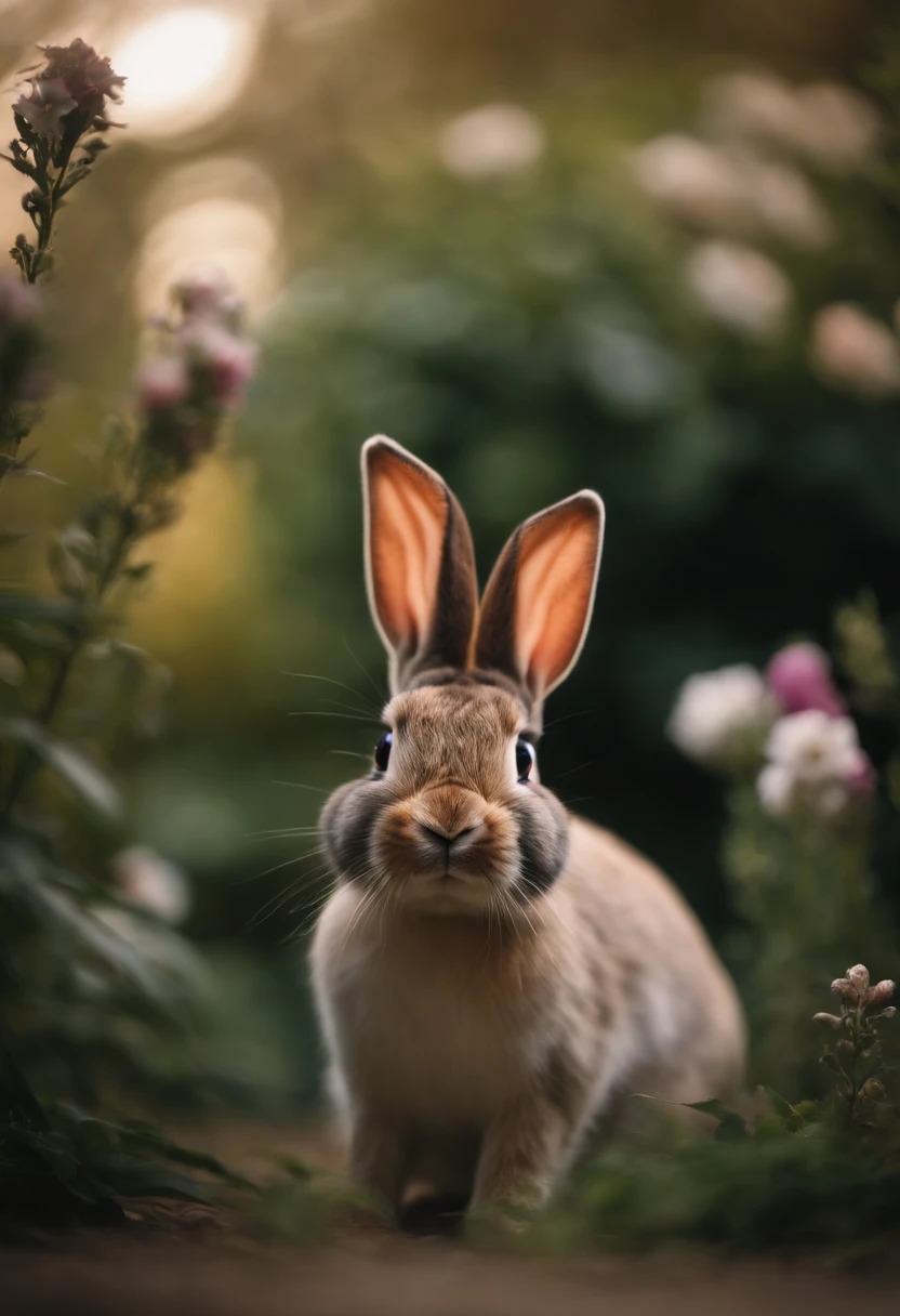 a portrait shot of a bunny sitting upright, with its ears perked up and eyes focused, showcasing their inquisitive and alert nature, with a natural backdrop of flowers or greenery