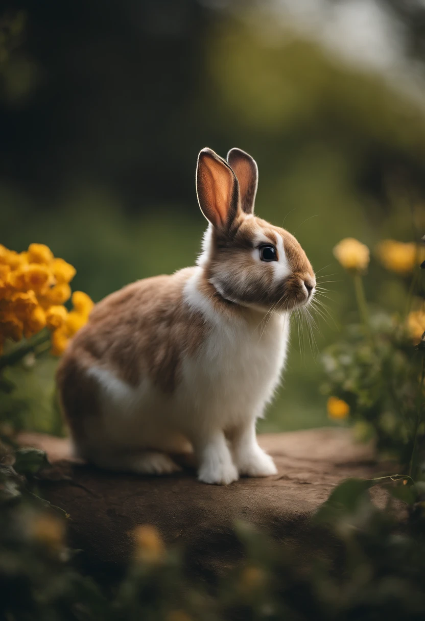 a portrait shot of a bunny sitting upright, with its ears perked up and eyes focused, showcasing their inquisitive and alert nature, with a natural backdrop of flowers or greenery