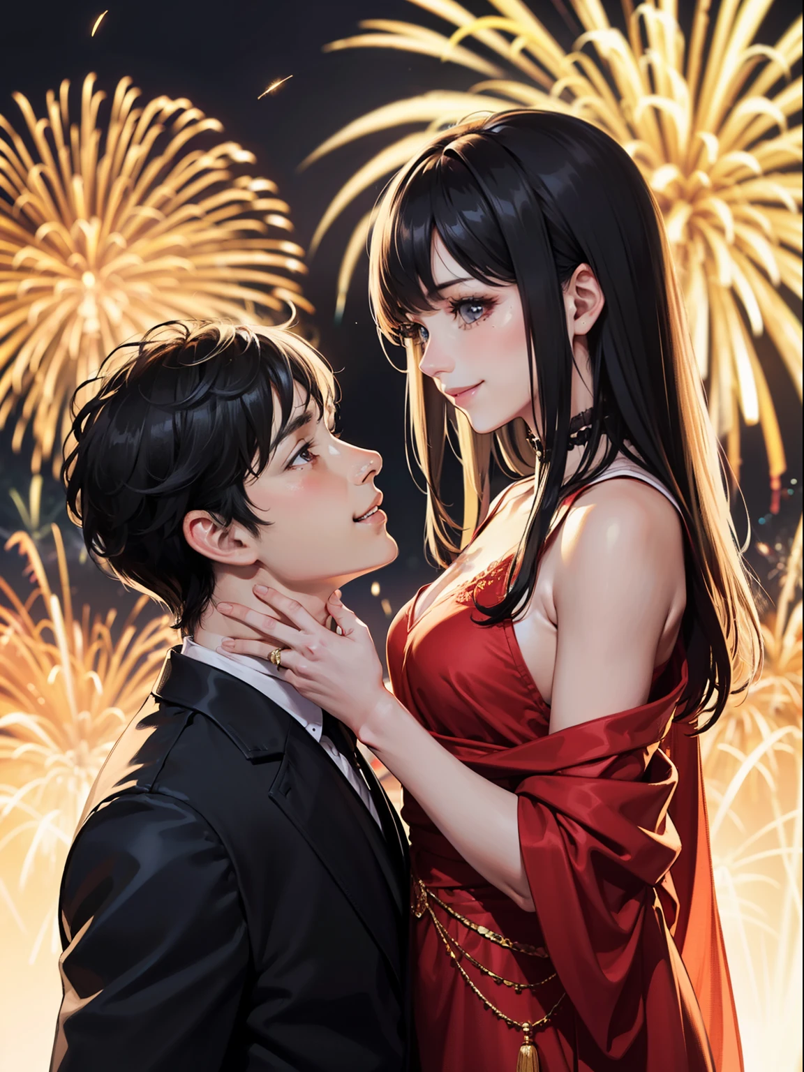 A high resolution，couple，Look at each other and smile，Handsome boy with long hair shawl，offcial dress，Short black hair for boys，The shirt，background fireworks，Delicate facial features，Clear facial features，Detail optimization