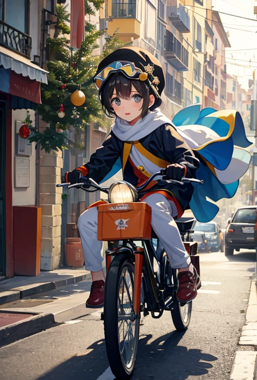 Um ciclista menino vestido de papai Noel, is on a tree-filled street with wide sidewalks, passeios largos