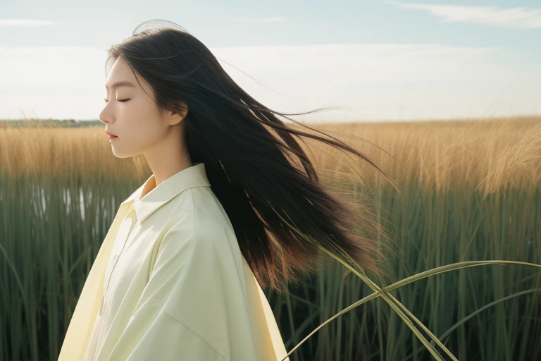 18-year-old girl,sportrait,sideface,完全的sideface,sideface,With his eyes closed,long eyelasher,the detail,prette,incomparable beauty,being thin,blanche,calm countenance,Intoxicated expression,Green reeds taller than people,green reed,green reed,Endless reed marshes,tall reeds,Reeds taller than a human being,There is wind,The wind blows messy hair,