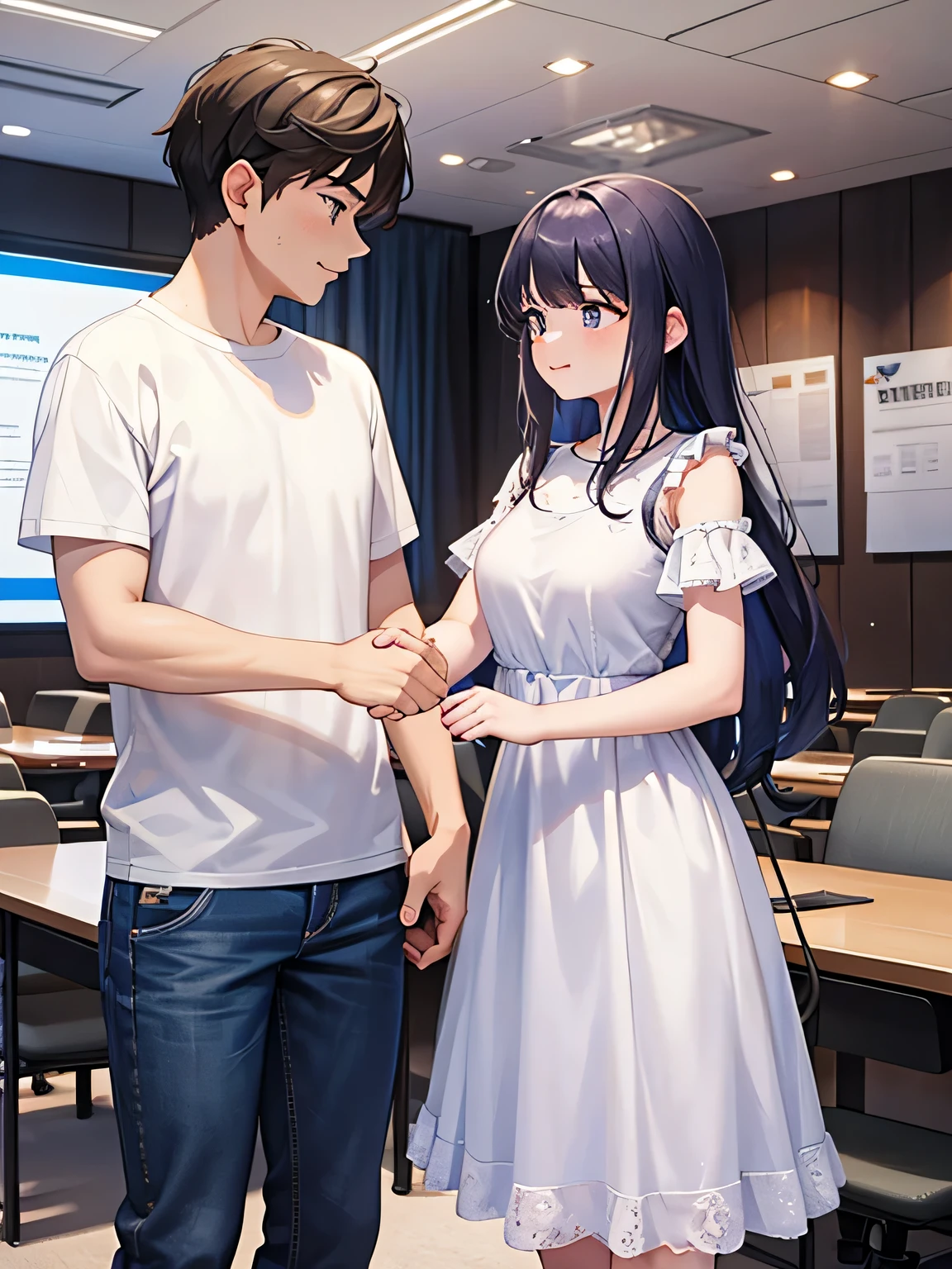 1,A man and a woman face each other and shake hands.
2,that woman is an idol. She is wearing a flashy, sparkly dress with frills.. 
3,The man is a fan of the woman, Wearing a T-shirt and jeans.
4, The location is a large conference room..
