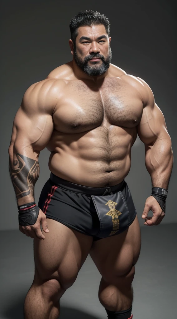 Middle aged,solo person,male people,Muscular wrestler,musculous,Stout wrestler,Asian people,uncle,60岁的Middle aged,short hair,short detailed hair,Wrestling bootull body like,Panorama Figures,WWE Ring,WWE American professional wrestling,spotlight lights,shadowing,Vision,Briefatness,age 55,Short beard,Middle aged,Tattooed with,Fingerless gloves,Wheat-colored skin,Oily skin,dark-skin,Show your pectoral muscles,Sumo wrestler,body builder,Wide sideburns,Pronounced abs,ssmile,Kouzihu,Gray hair,(Full body like:3),Fine hands,solid color backdrop,Plain white background