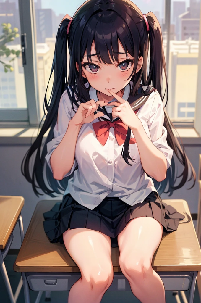 High school girl beautiful face，photorealiscic face，校服，sitting on a desk in a classroom，frontage，legs are open， (Lift skirt), (Urination), Lifelike、Shot from directly below