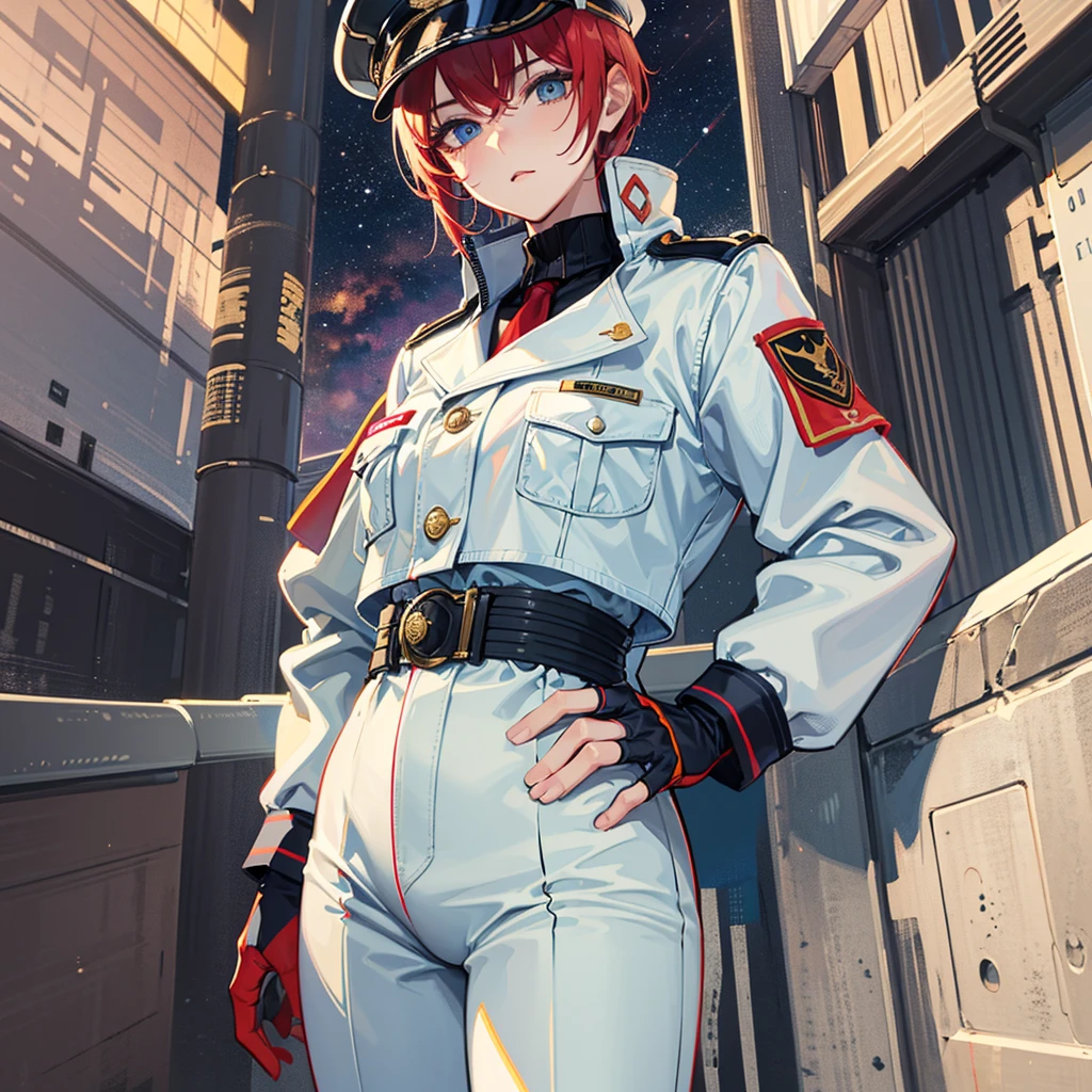 （（（​masterpiece）））、（（（Top image quality）））、（（（top-quality）））、（（（highly detailed unity 8ｋwall-paper）））、（Illustration of one woman）、30-years old、（Viceroy）、（（Red-haired shorthair））、（Thin hair hanging down both sides of the face）、Blue eyes、（（Tall））、（（Muscle Woman、stocky build、muscular legs、broad shoulders、solid chest））、（（Military uniforms））、（（Military Cap））、（（Military coat））、（white  clothes）、（White pants）、（White cap）、trench coat、（（（Inside the bridge of the spaceship）））、（The universe outside the window、Earth seen from space）