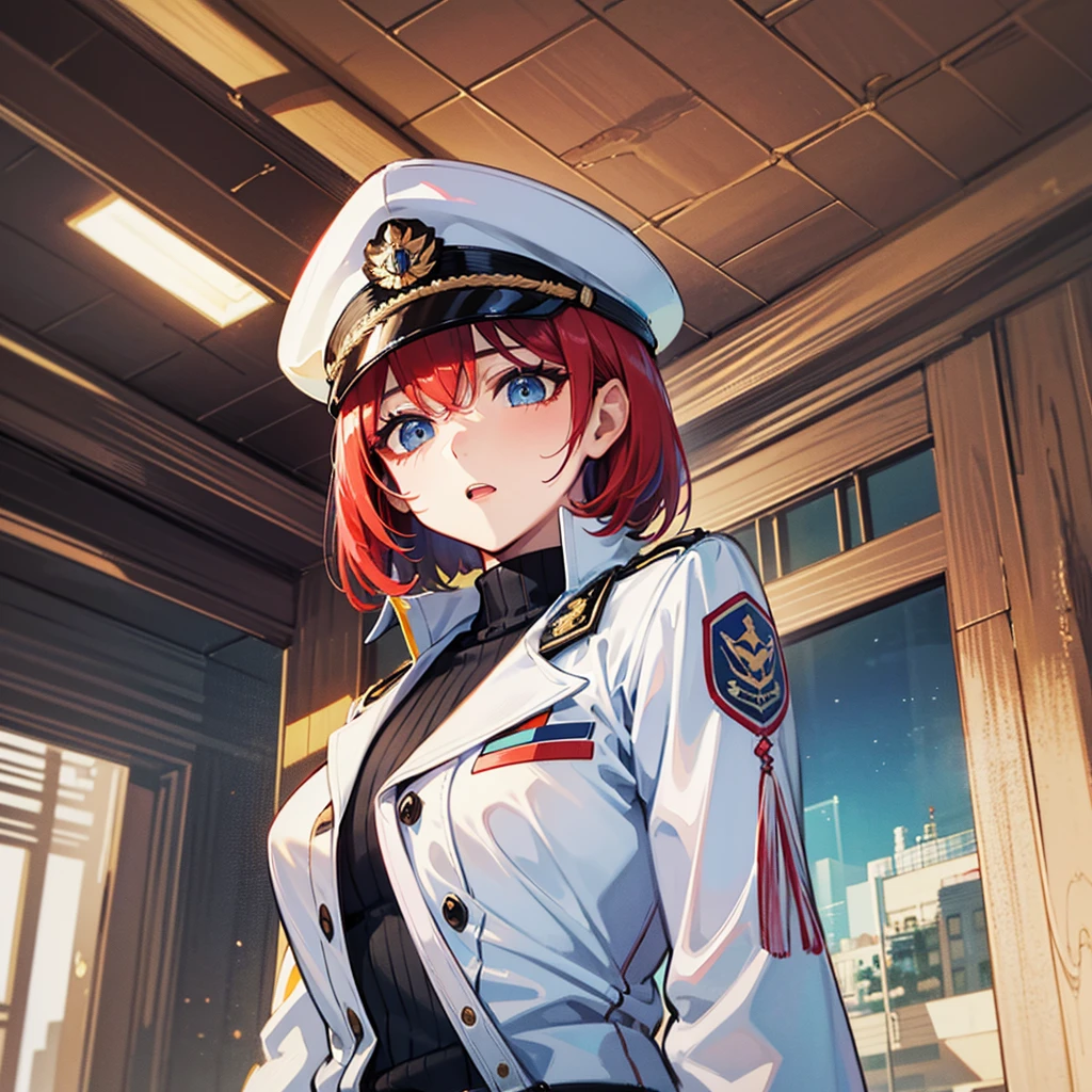 (((masterpiece)))、(((Top image quality)))、(((top-quality)))、(((highly detailed unity 8kwall-paper)))、(Illustration of one woman)、30-years old、(Viceroy)、((Red-haired shorthair))、(Thin hair hanging down both sides of the face)、Blue eyes、((Tall))、((Muscle Woman、stocky build、muscular legs、broad shoulders、solid chest))、((Military uniforms))、((Military Cap))、((Military coat))、(white clothes)、(White pants)、(White cap)、trench coat、(((Inside the bridge of the spaceship)))、(The universe outside the window、Earth seen from space)