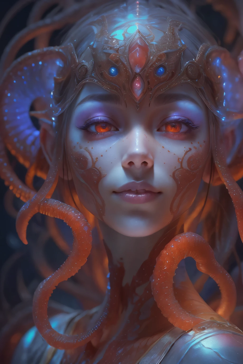 Portrait, (beautiful female alien:1.2), (There is a female genital-like organ in the middle of the forehead:1.8), (The most beautiful face in the history of the universe:1.2), (scarlet eyes:1.6), (Translucent skin:1.8), an evil gaze that seduces, (red eyes:1.5), (large mouth:1.1), sharp teeth like a shark, Full body like, (bio luminescent:1.2), (Smile wickedly:1.3), (ypose:1.5), alien, No humans, cells are fused, (Lots of translucent tentacles:1.1) (Translucent skin:1.3), extraterrestrial, cell, bio image, Best Quality, 8K,4K_quality, High Definition, Dramatic Lighting, masutepiece:1.5,cinematic quality, detail up, (Intricate details:1.2), High resolution, High Definition, drawing faithfully, (Thick eyebrows:1.2), Beautiful eyes with fine symmetry, (Ultra detailed eyes:1.2),(Highly detailed face and eyes:1.2), (High-resolution red-eye:1.4), Intimate face, (Super detailed skin quality feeling:1.4), Perfect Anatomy, (Beautiful toned body:1.5), (Moist skin:1.2), No makeup, (dark circles:1.1), long canines, cinematic drawing of characters, ultra high quality model, cinematic quality, detail up, (Intricate details:1.2), High resolution, High Definition, drawing faithfully, Official art, Unity 8K wall , 8K Portrait, Best Quality, Very High resolution, ultra detailed artistic photography, midnight aura, unreal enginee 5, Ultra Sharp Focus, art by alberto seveso, ArtGerm, Roisch, intricate artwork, best quality, masutepiece, ultra High resolution, (photos realistic:1.4), Ultra-realistic realism, dream-like, nautilus, Creation of fantasy, Snail, Dream Snail, biopunk nautilus, Thrilling color schemes, Ultra-realistic realism, seductively smiling, Blue tentacles