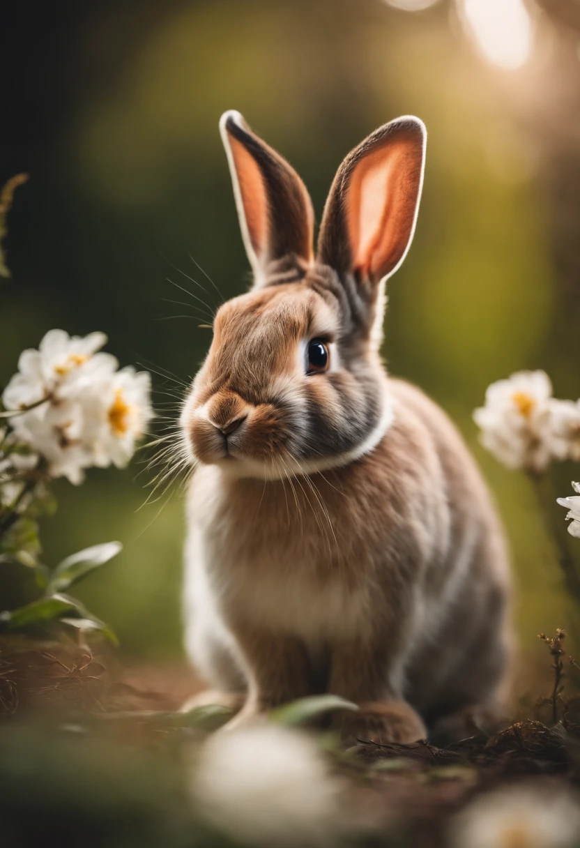 a portrait shot of a bunny sitting upright, with its ears perked up and eyes focused, showcasing their inquisitive and alert nature, with a natural backdrop of flowers or greenery