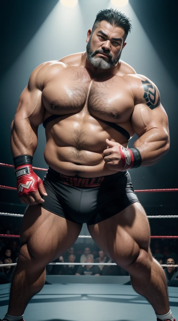 Middle aged，solo person，male people，Muscular wrestler，musculous，Stout wrestler，Asian people，uncle，60岁的Middle aged，short hair，short detailed hair，Wrestling bootull body like，Panorama Figures，WWE Ring，WWE American professional wrestling，spotlight lights，shadowing，Vision，Briefatness，age 55，Short beard,Middle aged，Tattooed with，Fingerless gloves，Wheat-colored skin，Oily skin，dark-skin，Show your pectoral muscles，Sumo wrestler，body builder，Wide sideburns，Pronounced abs，ssmile，Kouzihu，Gray hair，（Full body like：3），Fine hands，solid color backdrop，Plain white background