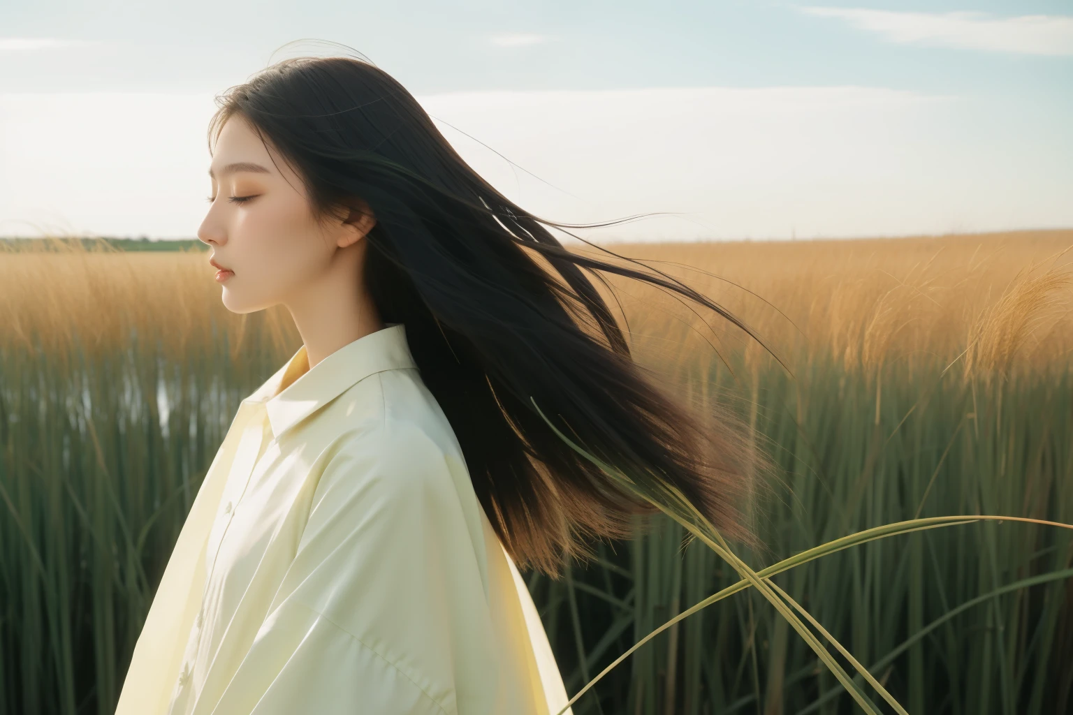 18-year-old girl，sportrait，sideface，完全的sideface，sideface，With his eyes closed，long eyelasher，the detail，prette，incomparable beauty，being thin，blanche，calm countenance，Intoxicated expression，Green reeds taller than people，green reed，green reed，Endless reed marshes，tall reeds，Reeds taller than a human being，There is wind，The wind blows messy hair，