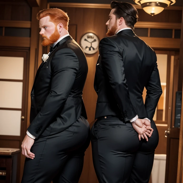 Ginger man in a tuxedo, huge ass, comically massive ass, tight tuxedo pants, large boy booty, bubble butt, man bubble butt, thick, thicc, thick thighs, thick ass, athletic, fit, round ass, full ass, wide ass, tuxedo