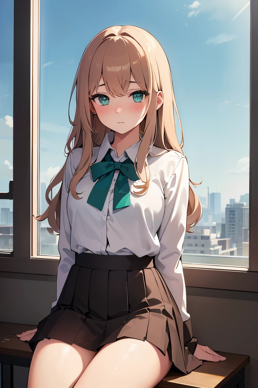 (Masterpiece:1.2, high quality), (pixiv:1.4), (1girl:1.2), (solo:1.2), beautiful caucasian woman, pale skin, face mask, detailed green eyes, (detailed eyes), wavy hair, asymmetric hair, bangs, (blush:1.2), (looking away), looking sideways, detailed neck, collabone, school uniform, unbuttoned white shirt, brown skirt, bare thighs, sitting beside window, windowsill, professional photography, vivid colors, soft lighting, high contrast, intrinsic details, natural beauty, aesthetic indoors, classroom, artistic details, (detailed face), ultra-detailed, 4k, HD, (highres:1.5),