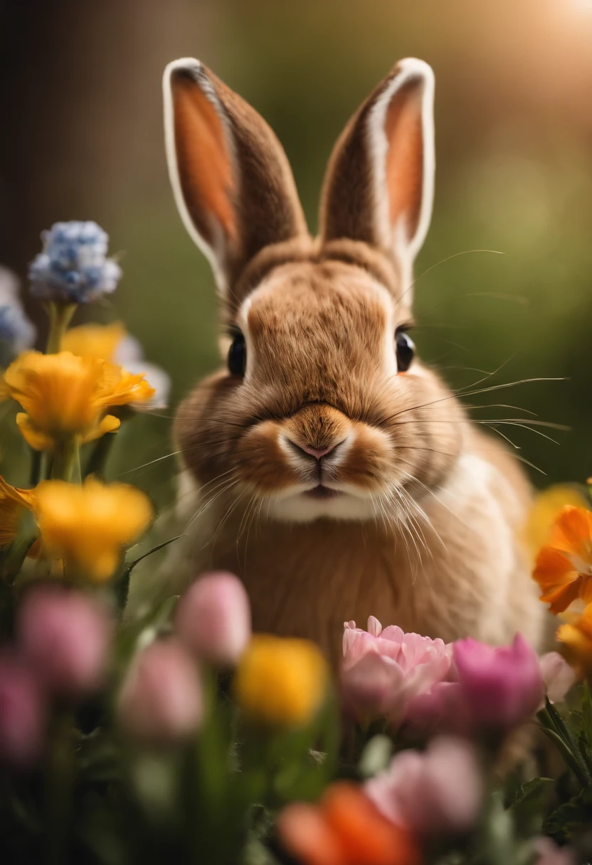 a playful shot of a bunny peeking out from behind a bouquet of spring flowers, with its cute nose and whiskers adding a touch of whimsy to the composition