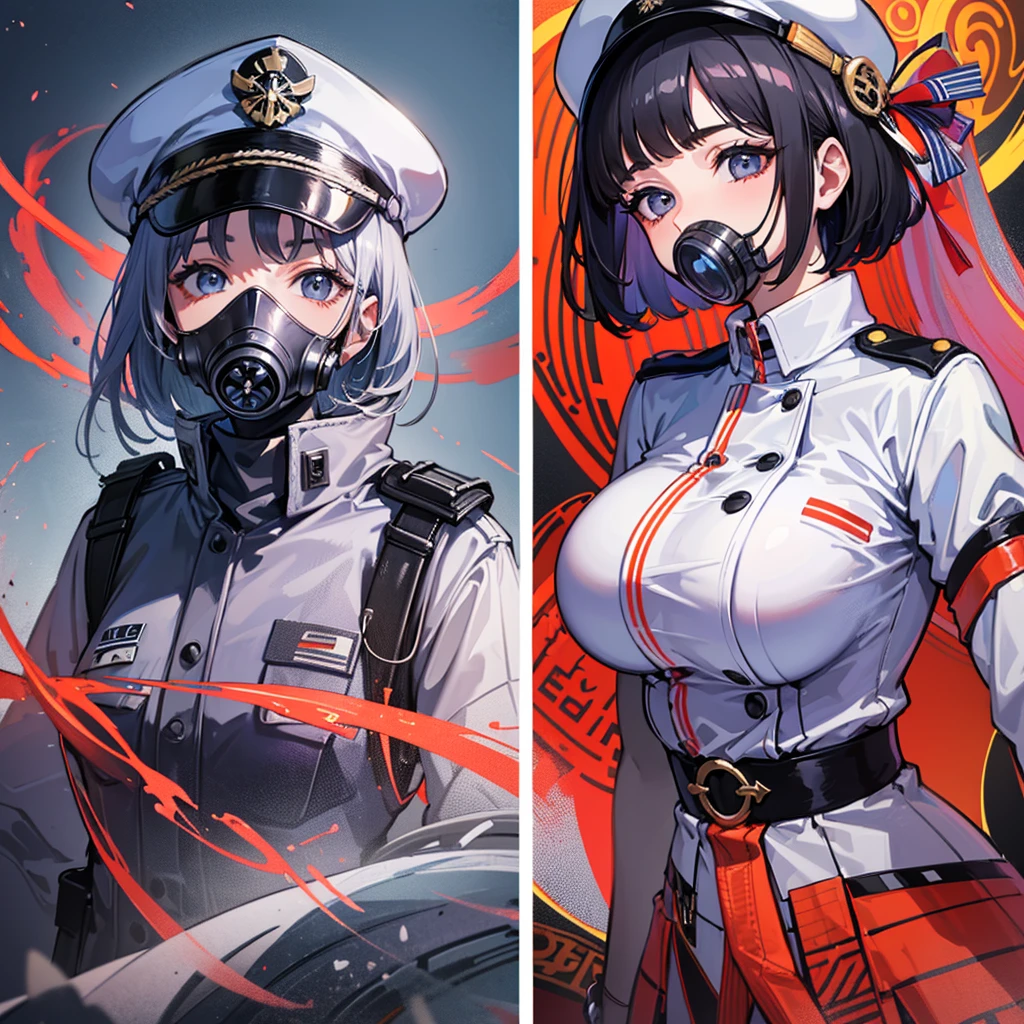 (((masterpiece)))、(((Top image quality)))、(((top-quality)))、((highly detailed unity 8kwall-paper))、(Illustration of one woman)、30-years old、(Viceroy)、Black hair bob cut、(((Gas mask covering the mouth)))、Gray eyes、((Tall))、((huge tit))、((Military uniforms))、((Military Cap))、((Military coat))、(white clothes)、(White pants)、(White cap)、trench coat、(((Inside the spaceship)))