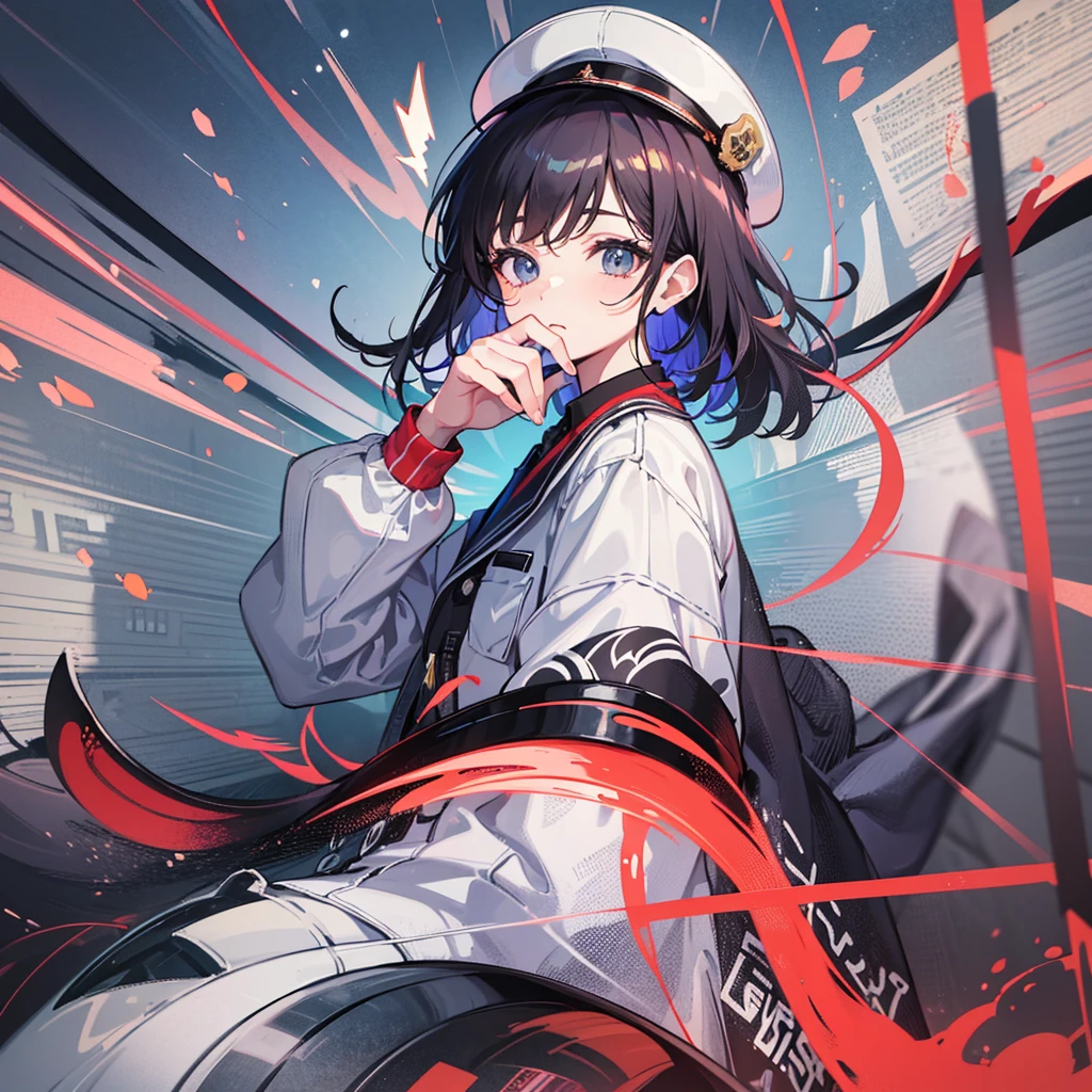 (((masterpiece)))、(((Top image quality)))、(((top-quality)))、((highly detailed unity 8kwall-paper))、(Illustration of one woman)、30-years old、(Viceroy)、Black hair bob cut、(((Gas mask covering the mouth)))、Gray eyes、((Tall))、((huge tit))、((Military uniforms))、((Military Cap))、((Military coat))、(white clothes)、(White pants)、(White cap)、trench coat、(((Inside the spaceship)))