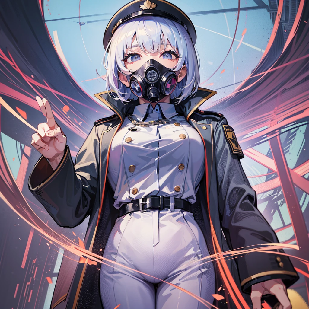 （（（​masterpiece）））、（（（Top image quality）））、（（（top-quality）））、（（highly detailed unity 8ｋwall-paper））、（Illustration of one woman）、30-years old、（Viceroy）、Black hair bob cut、（（（Gas mask covering the mouth）））、Gray eyes、（（Tall））、（（huge tit））、（（Military uniforms））、（（Military Cap））、（（Military coat））、（white  clothes）、（White pants）、（White cap）、trench coat、（（（Inside the spaceship）））