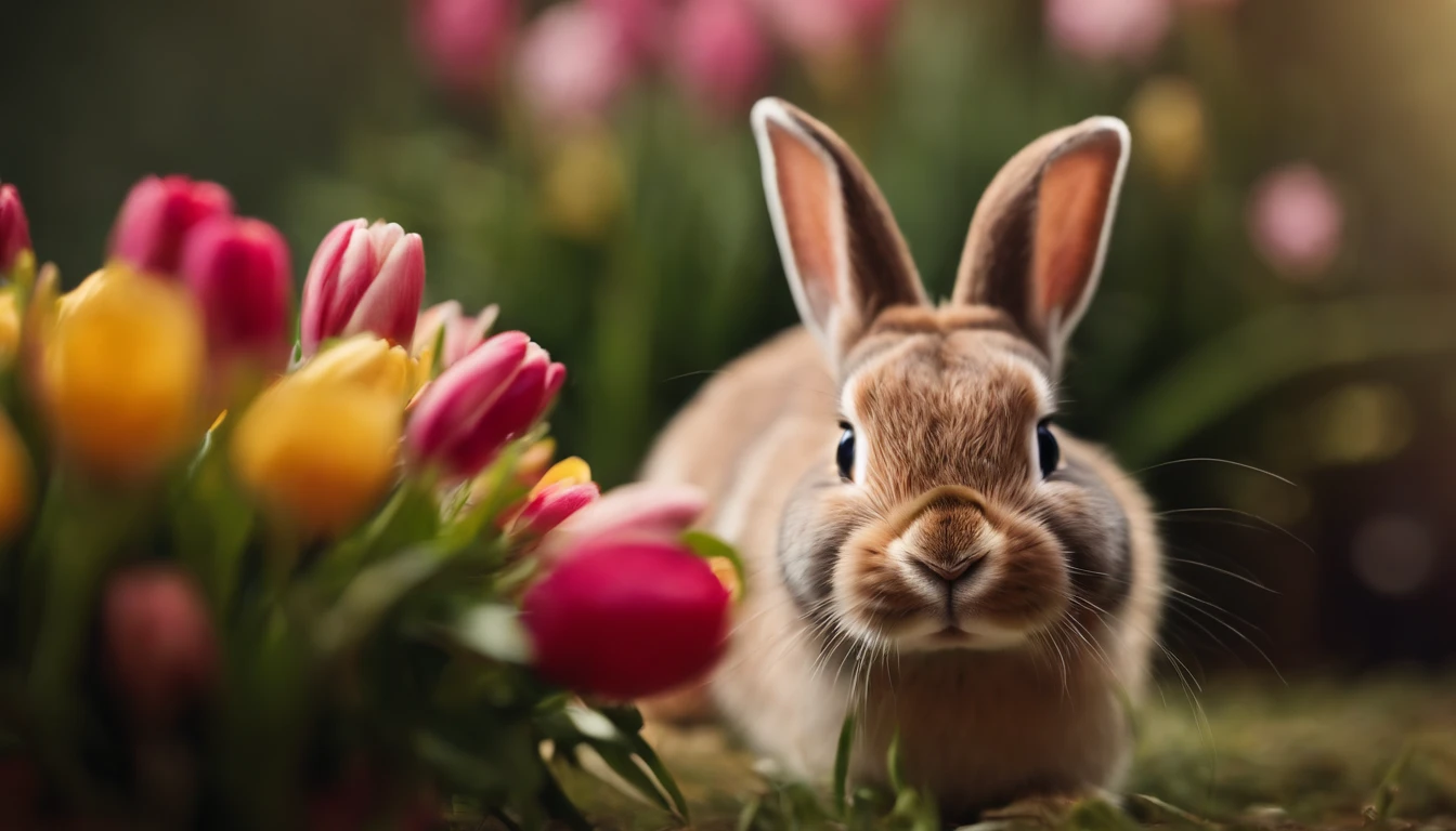 a playful shot of a bunny peeking out from behind a bouquet of spring flowers, with its cute nose and whiskers adding a touch of whimsy to the composition