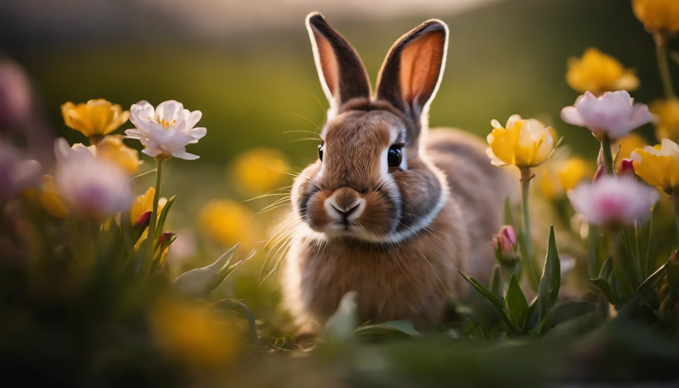 a playful shot of a bunny peeking out from behind a bouquet of spring flowers, with its cute nose and whiskers adding a touch of whimsy to the composition