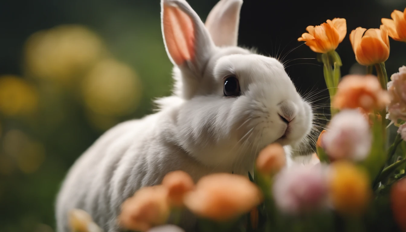 a playful shot of a bunny peeking out from behind a bouquet of spring flowers, with its cute nose and whiskers adding a touch of whimsy to the composition
