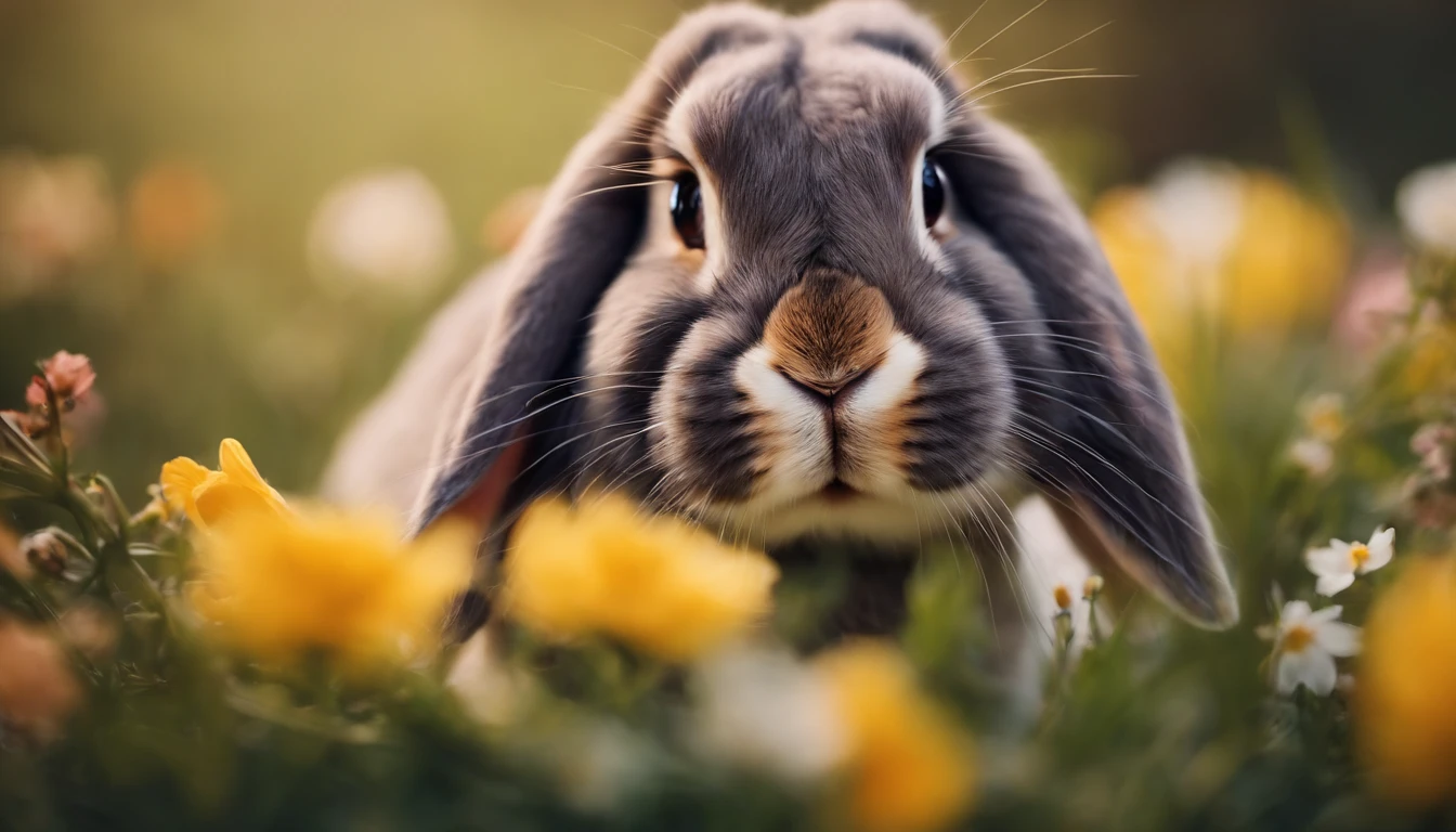 a playful shot of a bunny peeking out from behind a bouquet of spring flowers, with its cute nose and whiskers adding a touch of whimsy to the composition